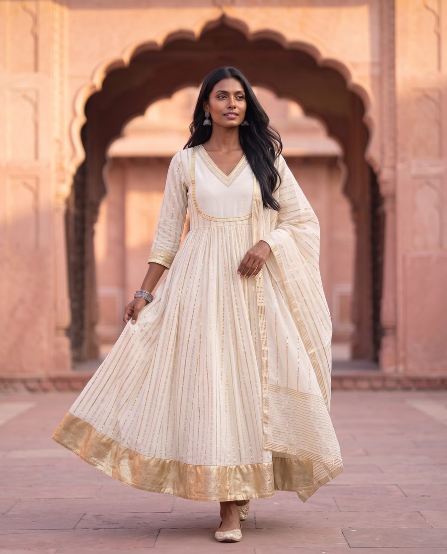 White And Gold Striped Anarkali Set With Dupatta