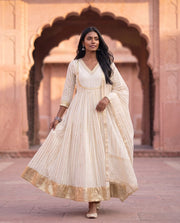 White And Gold Striped Anarkali Set With Dupatta 1