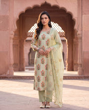 Pista Green Floral Hand-Block Straight Set 2