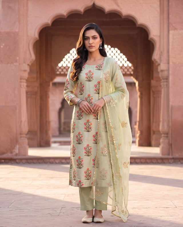 Pista Green Floral Hand-Block Straight Set
