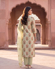Pista Green Floral Hand-Block Straight Set 3