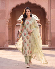 Pista Green Floral Hand-Block Straight Set 1