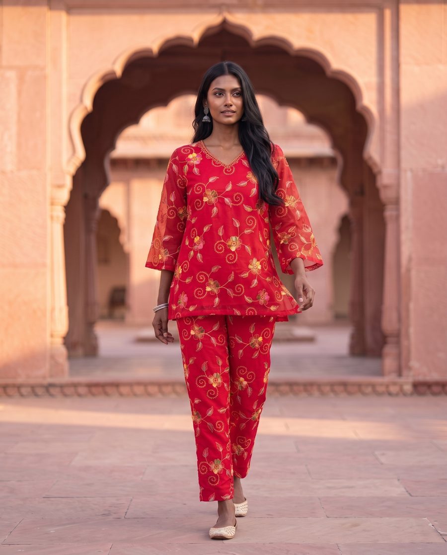 Red Floral Embroidered Bell Sleeve Co-ord Set