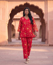 Red Floral Embroidered Bell Sleeve Co-ord Set 1