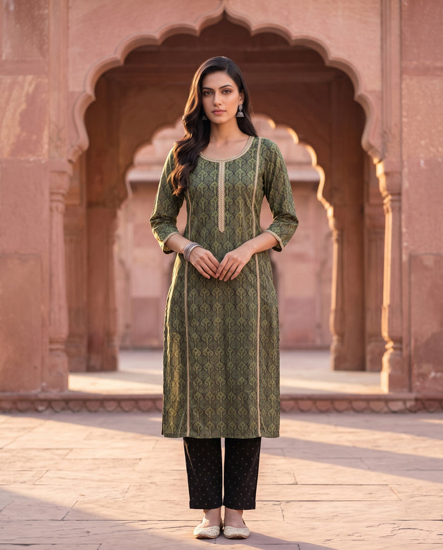 Green And Black Printed Straight Kurta Set