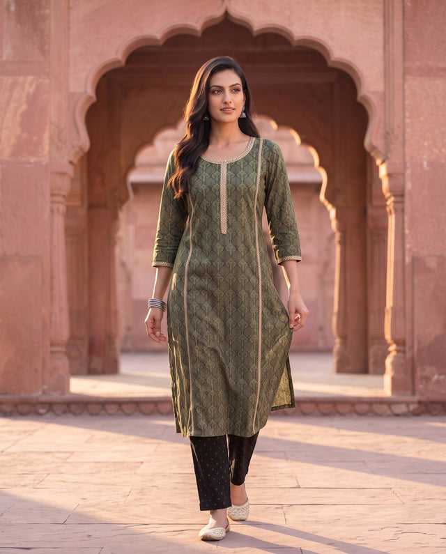 Green And Black Printed Straight Kurta Set