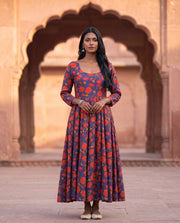 Purple Orange Floral Print Flared Anarkali Dress 2