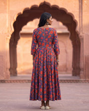 Purple Orange Floral Print Flared Anarkali Dress 3