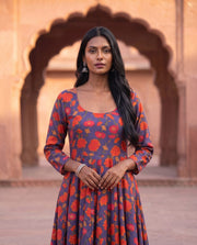 Purple Orange Floral Print Flared Anarkali Dress 4