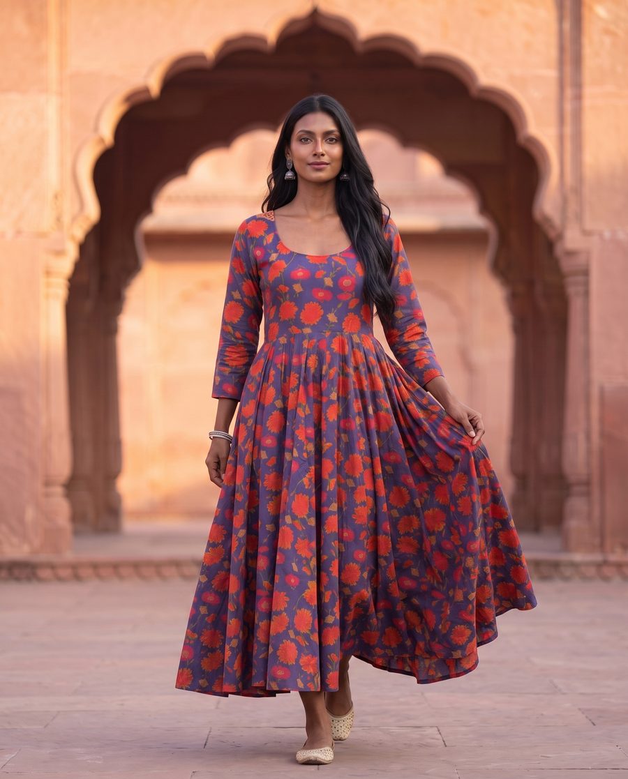 Purple Orange Floral Print Flared Anarkali Dress