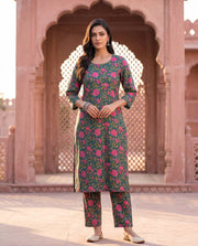 Green Pink Floral Print Straight Kurta Set 2