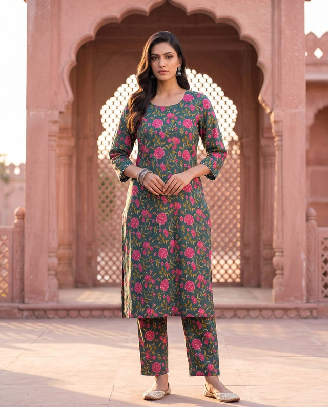 Green Pink Floral Print Straight Kurta Set