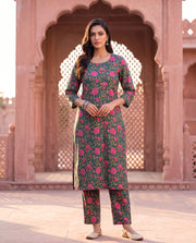 Green Pink Floral Print Straight Kurta Set 4