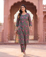 Green Pink Floral Print Straight Kurta Set 1