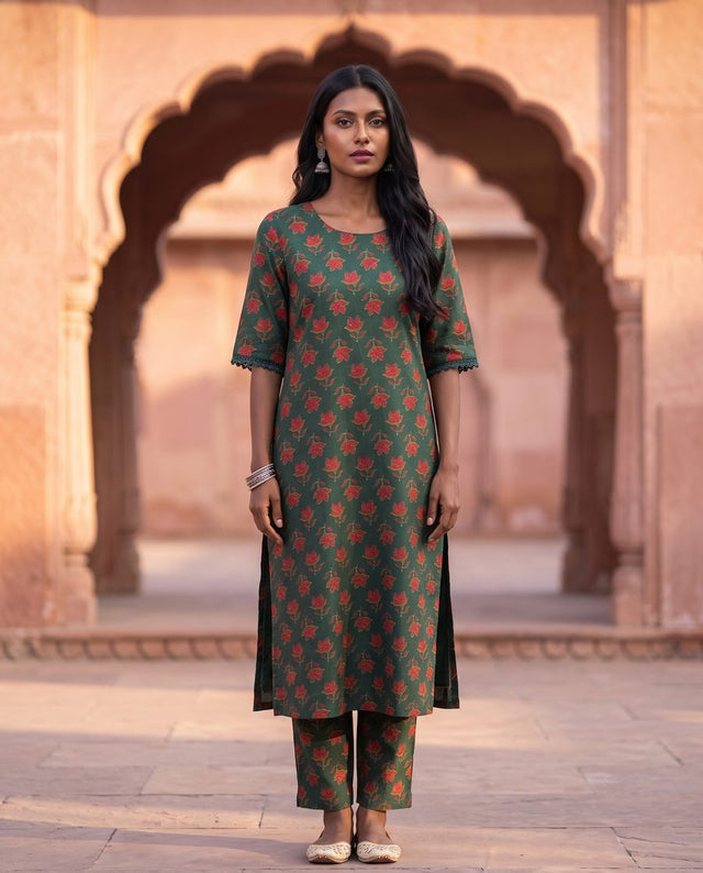 Bottle Green Floral Print Straight Kurta Set