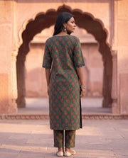 Bottle Green Floral Print Straight Kurta Set 3