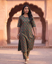 Bottle Green Floral Print Straight Kurta Set 1