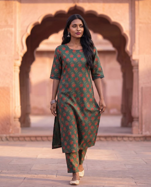 Bottle Green Floral Print Straight Kurta Set
