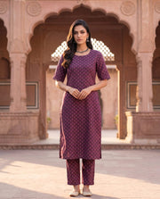 Purple Booti Print Straight Kurta Pant Set 2