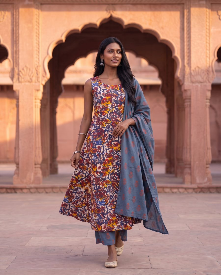 Multicolour Abstract Print Kurta Set With Dupatta