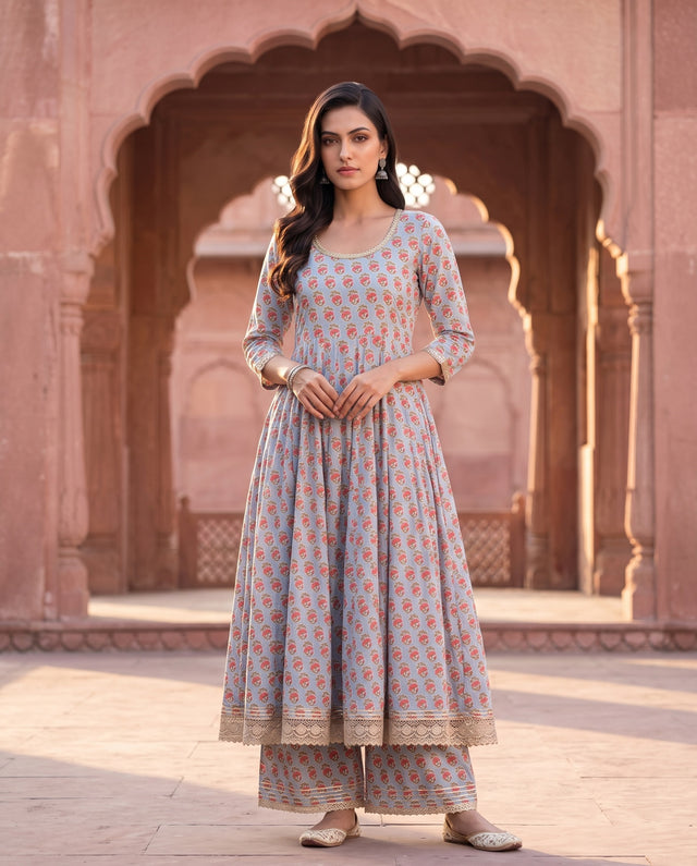 Grey Floral Hand-Block Print Kurta Palazzo Set