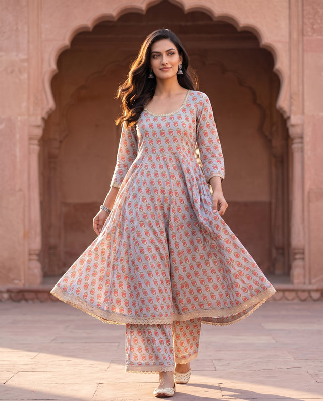 Grey Floral Hand-Block Print Kurta Palazzo Set