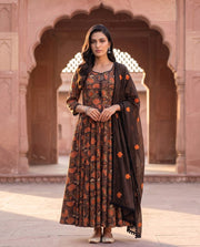 Brown Anarkali Set With Rust Floral Print 2