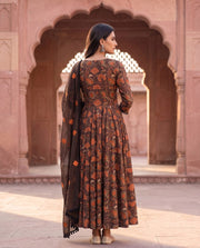 Brown Anarkali Set With Rust Floral Print 3