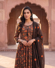 Brown Anarkali Set With Rust Floral Print 4