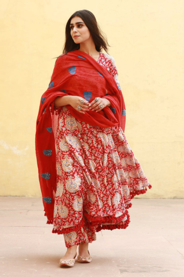ACACIA Red Cotton ANARKALI set with Doriya Dupatta