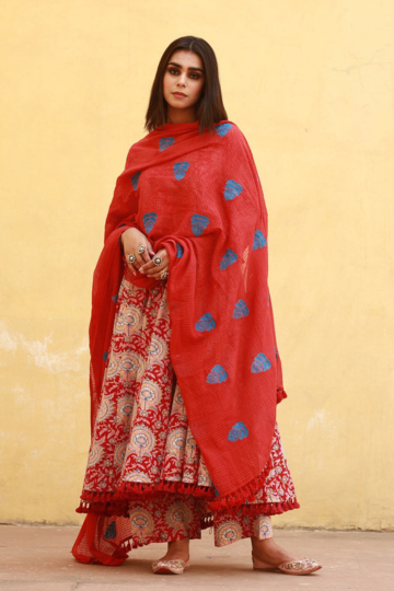 ACACIA Red Cotton ANARKALI set with Doriya Dupatta