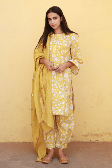 MARIGOLD Yellow Cotton Straight Kurta SET with Doriya Dupatta