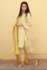 Marigold Yellow Cotton Straight Kurta Set With Doriya Dupatta 5