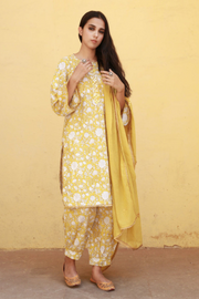 Marigold Yellow Cotton Straight Kurta Set With Doriya Dupatta 3
