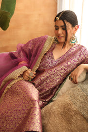 Abeer Purple Brocade Kiran Lace Straight Kurta Set With Organza Dupatta - view 5