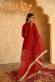 Raza Red Raw Silk Gota Lace Anarkali Set With Organza Dupatta - view 2
