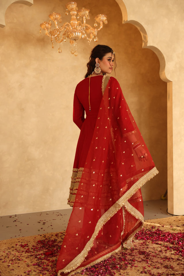 Raza Red Raw Silk Gota Lace Anarkali Set With Organza Dupatta - view 2