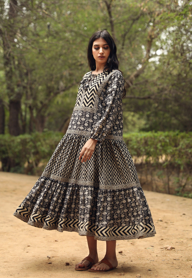 Block Print Ahana Black Cotton Dress