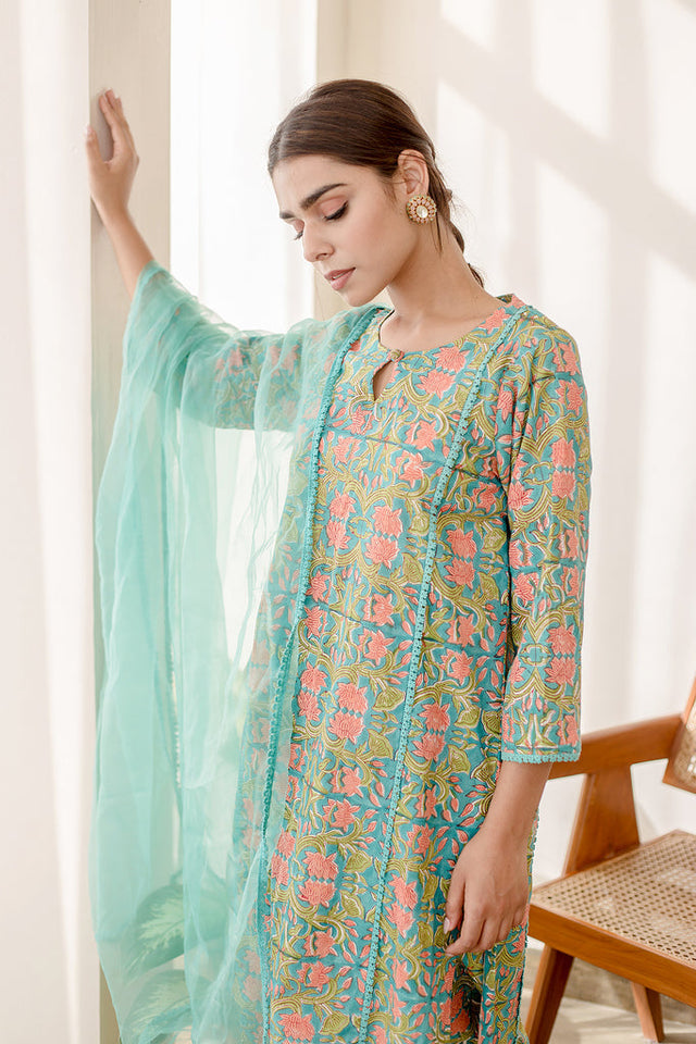 Block Print Basil Straight Kurta Green Set With Organza Dupatta