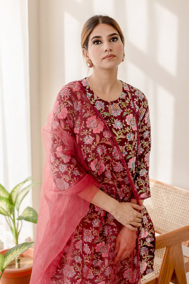 Block Print Basil Straight Kurta Maroon Set With Organza Dupatta EOSS