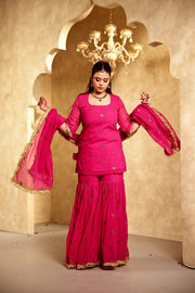Saqi Pink Georgette Embroidered Sharara Set With Dupatta - view 3