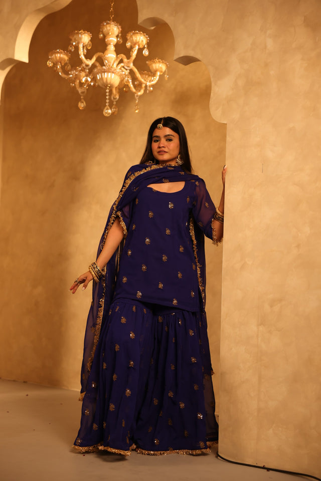 Saqi Electric Blue Georgette Embroidered Sharara Set With Dupatta - view 2