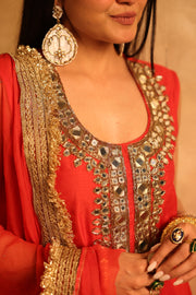 Mikka Red Sleeveless Chanderi Mirror Work Kurta Set With Chiffon Dupatta - view 7