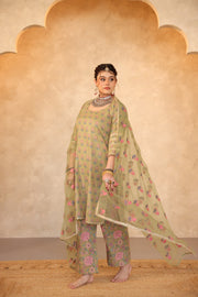 Parvez Green Hand Block Print Gota Work Kurta Set With Organza Dupatta - view 3