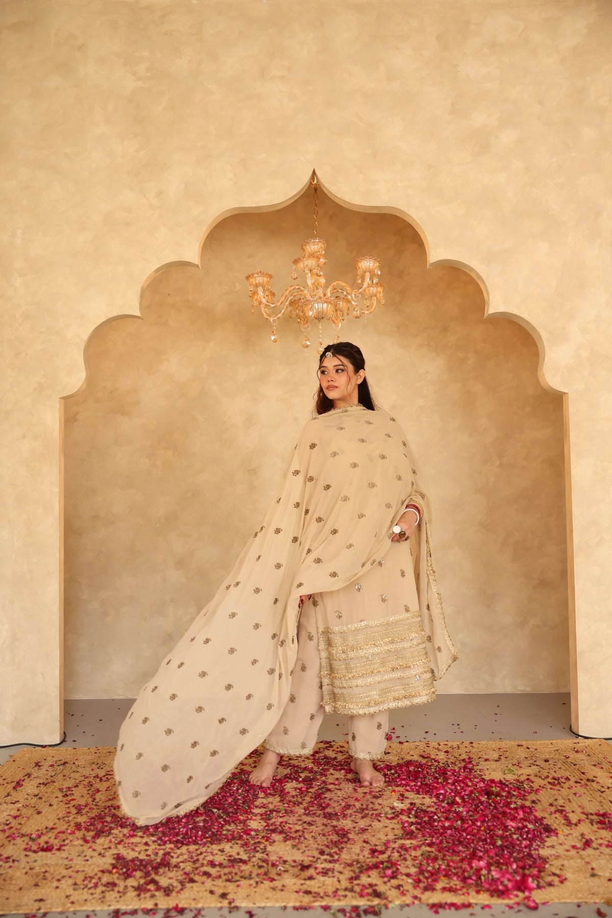 Hunar Beige Gota Lace Georgette Straight Kurta Set With Dupatta - Deedar-e-Mehfil collection by Gulabo Jaipur