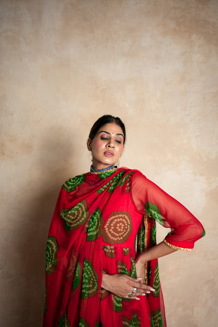 Arzu Red-Green Anarkali Set