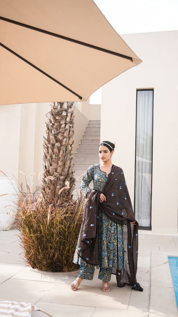 Arwa Navy Brown Anarkali Set Gulabo Jaipur