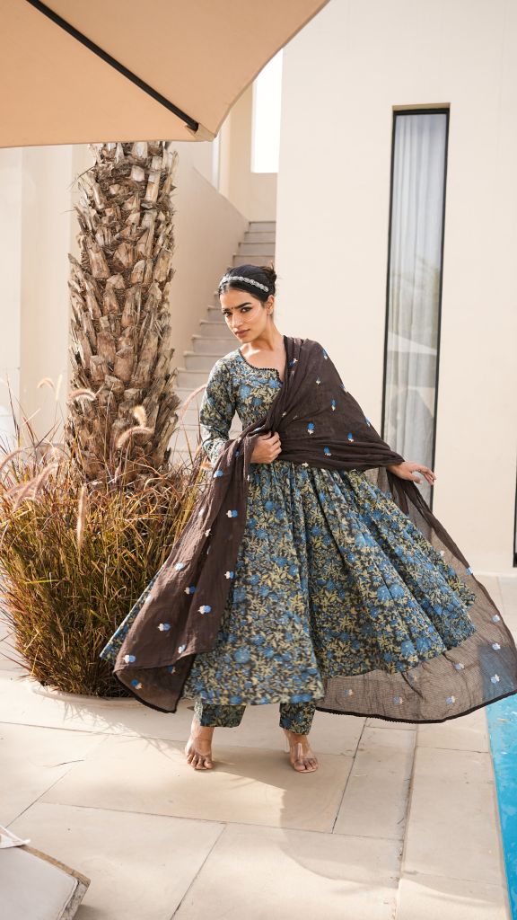 Arwa Navy Brown Anarkali Set Gulabo Jaipur