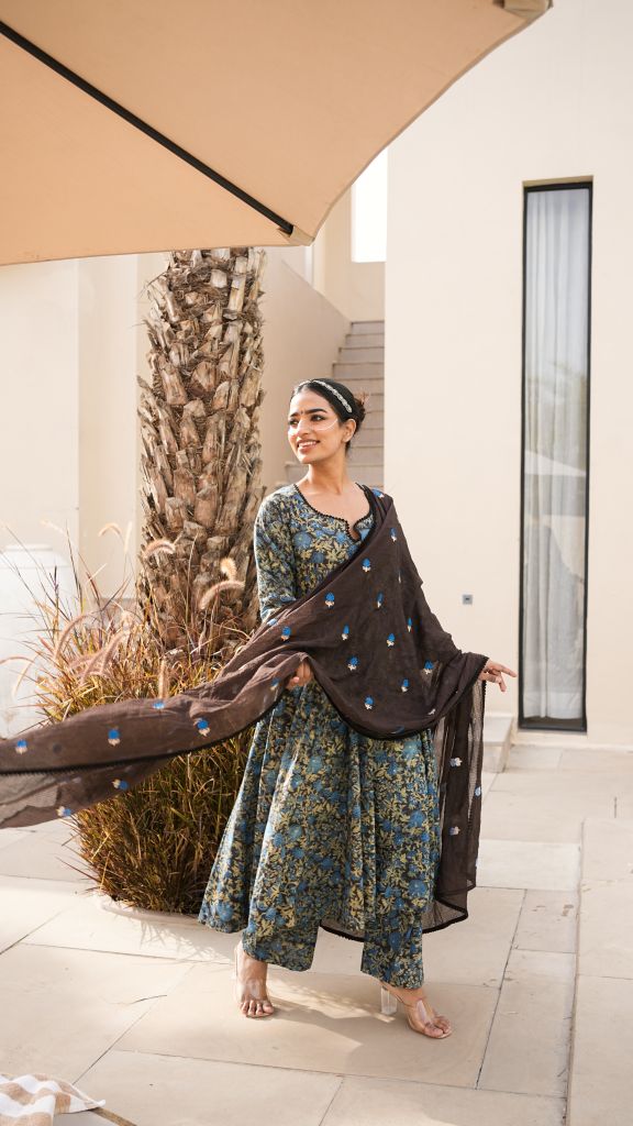 Arwa Navy Brown Anarkali Set Gulabo Jaipur