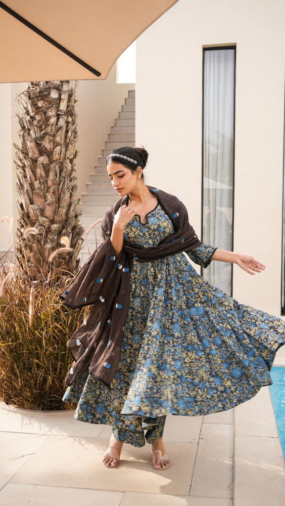 Arwa Navy Brown Anarkali Set Gulabo Jaipur